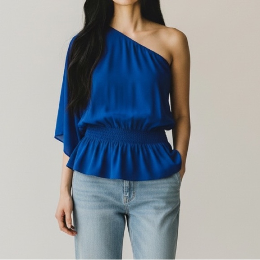 Vintage Y2K royal blue asymmetrical blouse spring summer flirty one shoulder